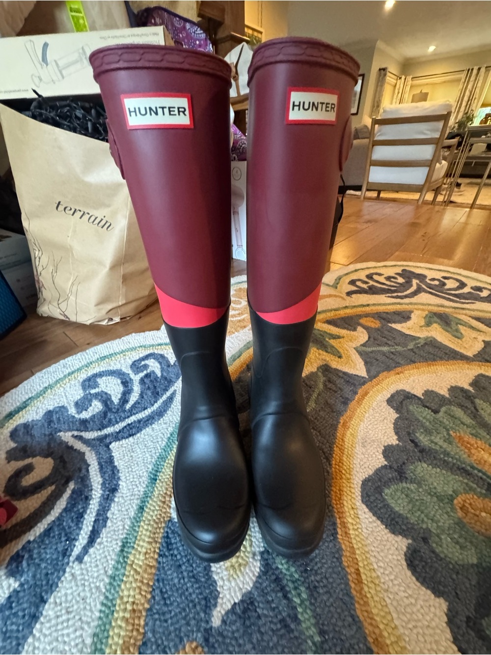 Hunter Women's Tall Rain Boots - Burgundy, Black, Red Trim